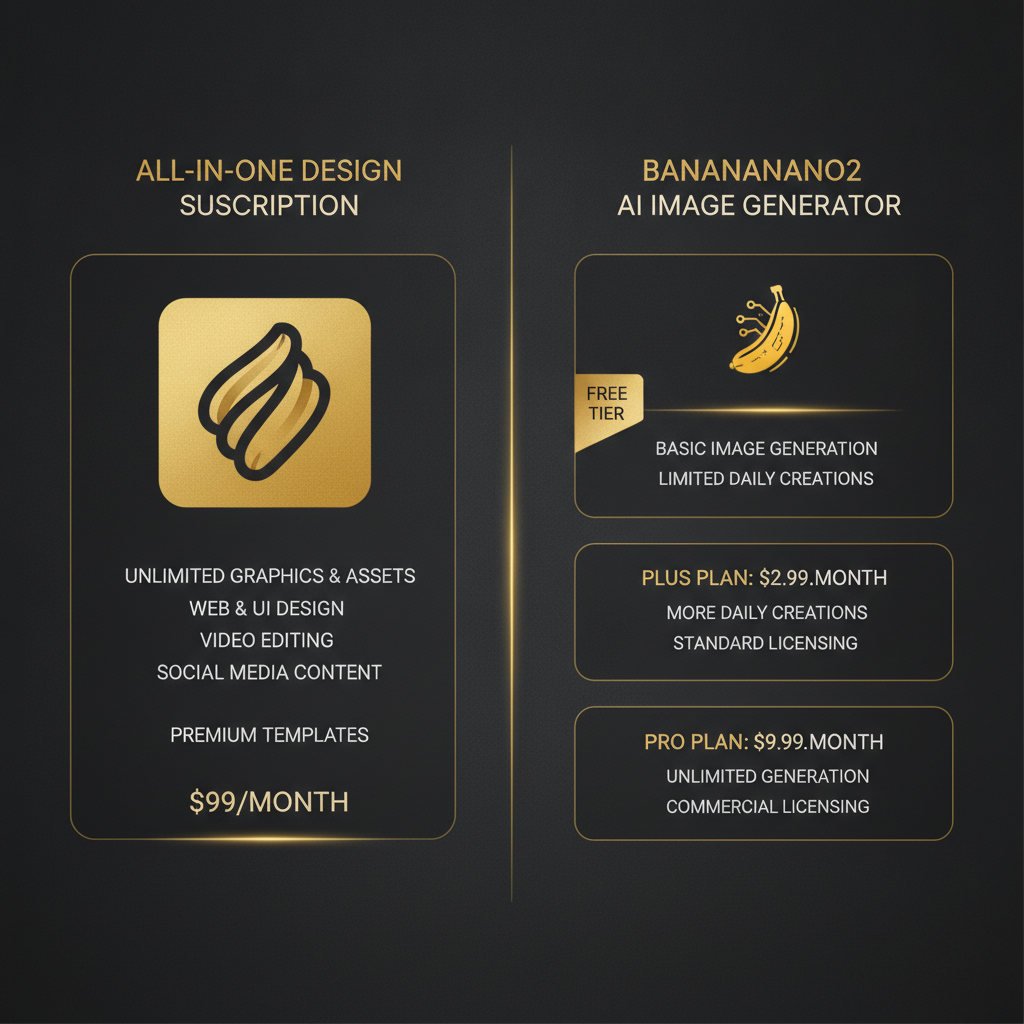 Canva AI vs BananaNano2 pricing comparison infographic — an all-in-one design subscription on the left, BananaNano2 AI image generator plans from 2.99 dollars per month with a free tier badge on the right, gold and dark theme