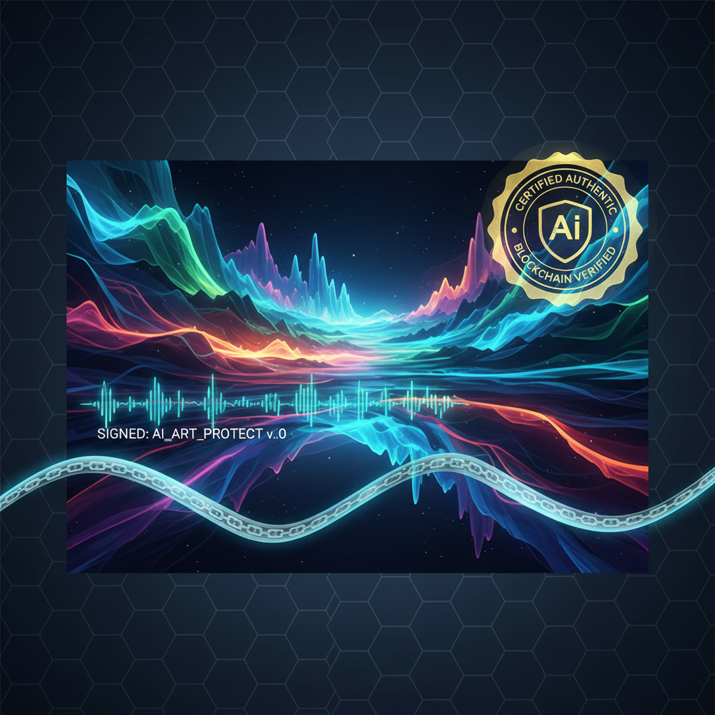 AI image protection visualization — colorful AI artwork with semi-transparent yellow holographic certificate seal, embedded blockchain verification ribbon, glowing digital signature waveform, hexagonal security pattern, cybersecurity authenticity certificate
