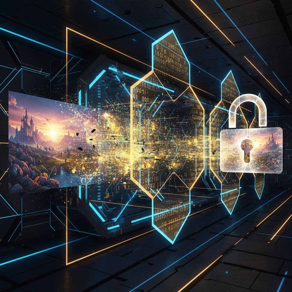 Secure AI image generation diagram — AI image being encrypted into glowing yellow data streams, particles transforming into binary code, traveling through fortified tunnel with cyber shields, dark cybersecurity environment with neon amber accents