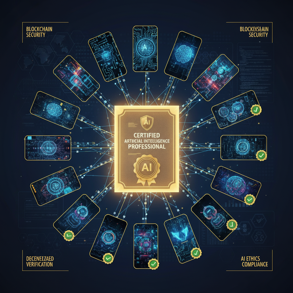 AI certs visualization — central glowing certificate document with golden seal, AI-generated thumbnails radiating outward each tagged with verified badges, blockchain nodes connecting them, deep navy with yellow and amber security accents