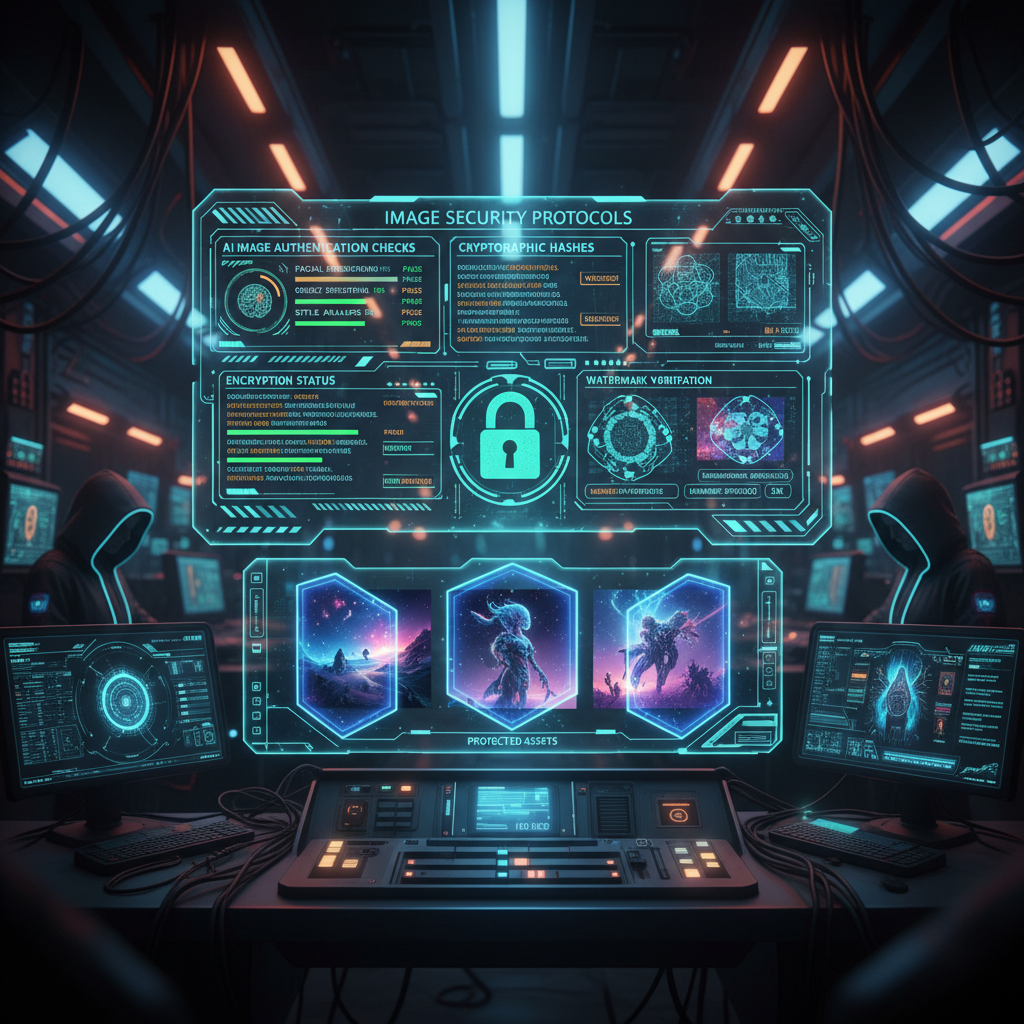 Image security protocols dashboard — futuristic holographic interface displaying AI image authentication checks, cryptographic hashes, encryption status indicators glowing green and amber, watermark verification panels, AI artworks protected by force-field shields