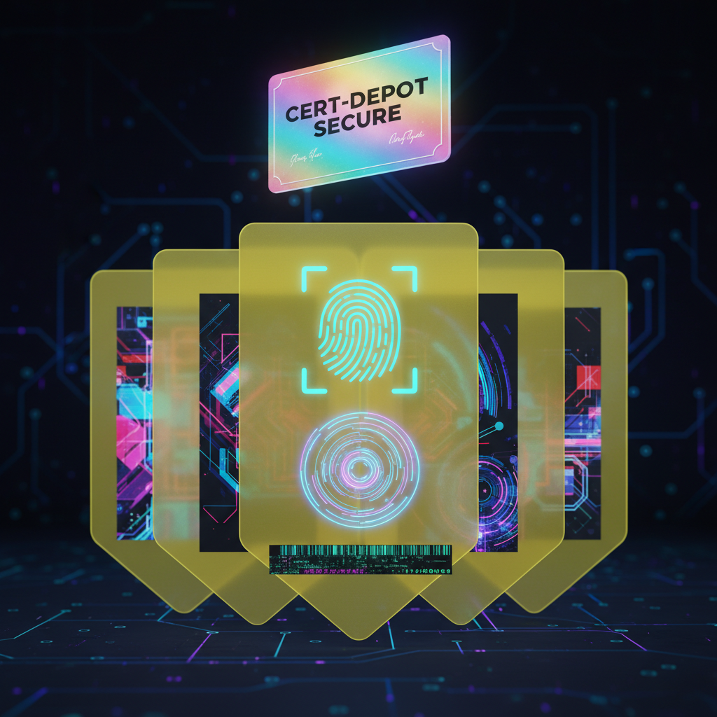 Cert-Depot multi-layer image protection — three AI artworks stacked behind translucent yellow shield layers, fingerprint biometric scan, retinal pattern security ring, encrypted barcode strip, holographic certificate floating above, premium cybersecurity illustration