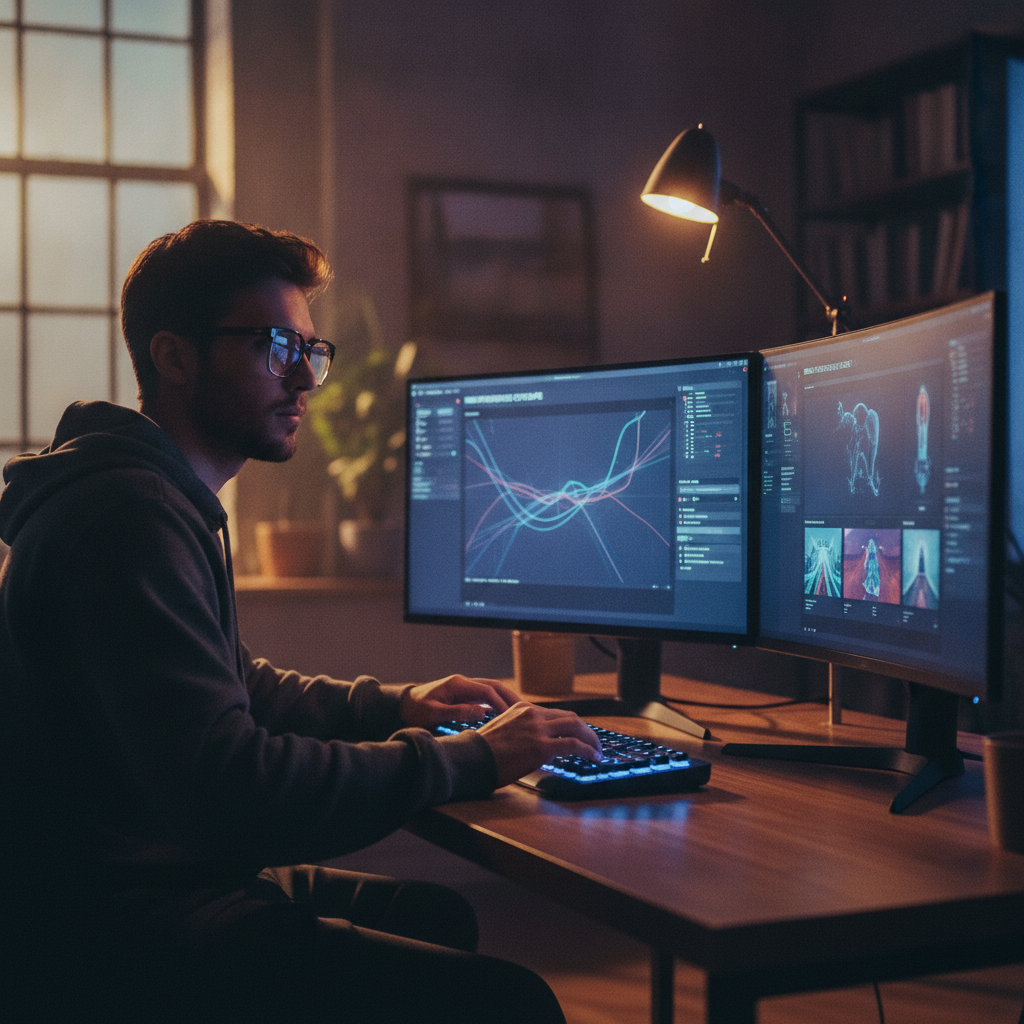 Digital artist working with AI art tools, part of a Civit vs Hluo AI tools review
