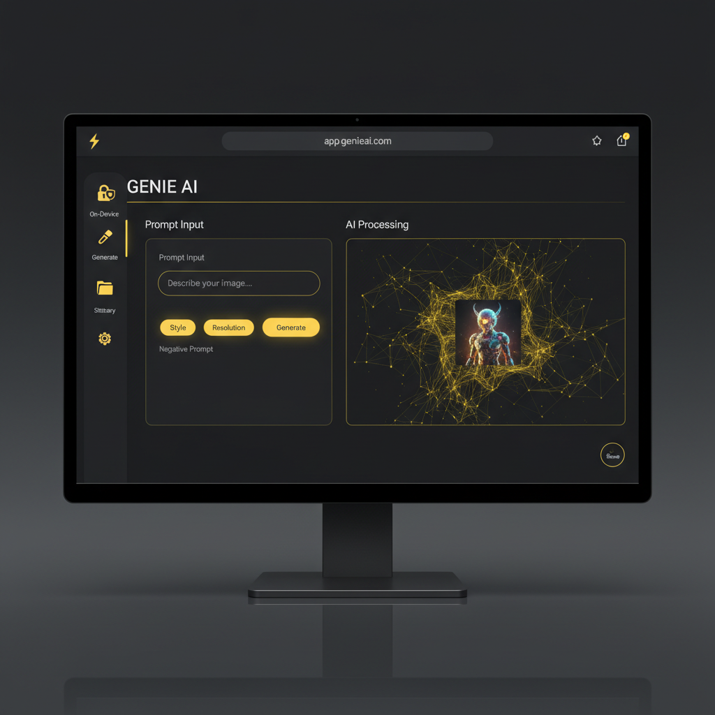 Client-side AI image tools — modern dark UI dashboard mockup of a browser-based AI image generator with on-device privacy lock indicators and yellow accent neural network visualization