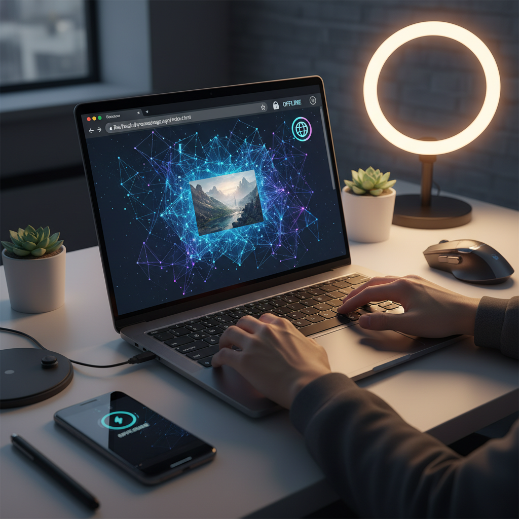 Client-side AI image tools running locally on a laptop browser with no internet connection, glowing neural network nodes inside the browser window and offline padlock indicator