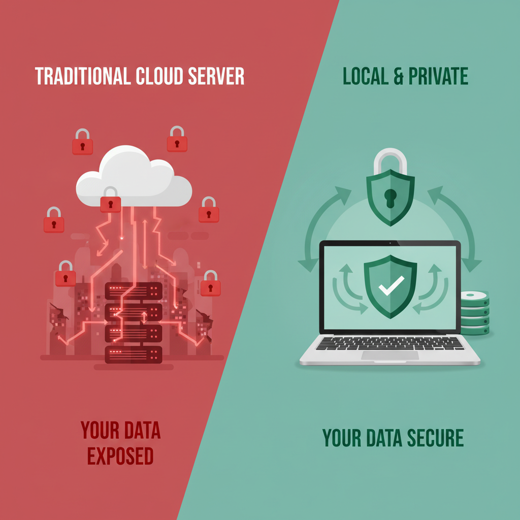 Client-side AI image tools privacy comparison — split-screen showing traditional cloud server with data leaks on the left versus local laptop with green padlocks on the right