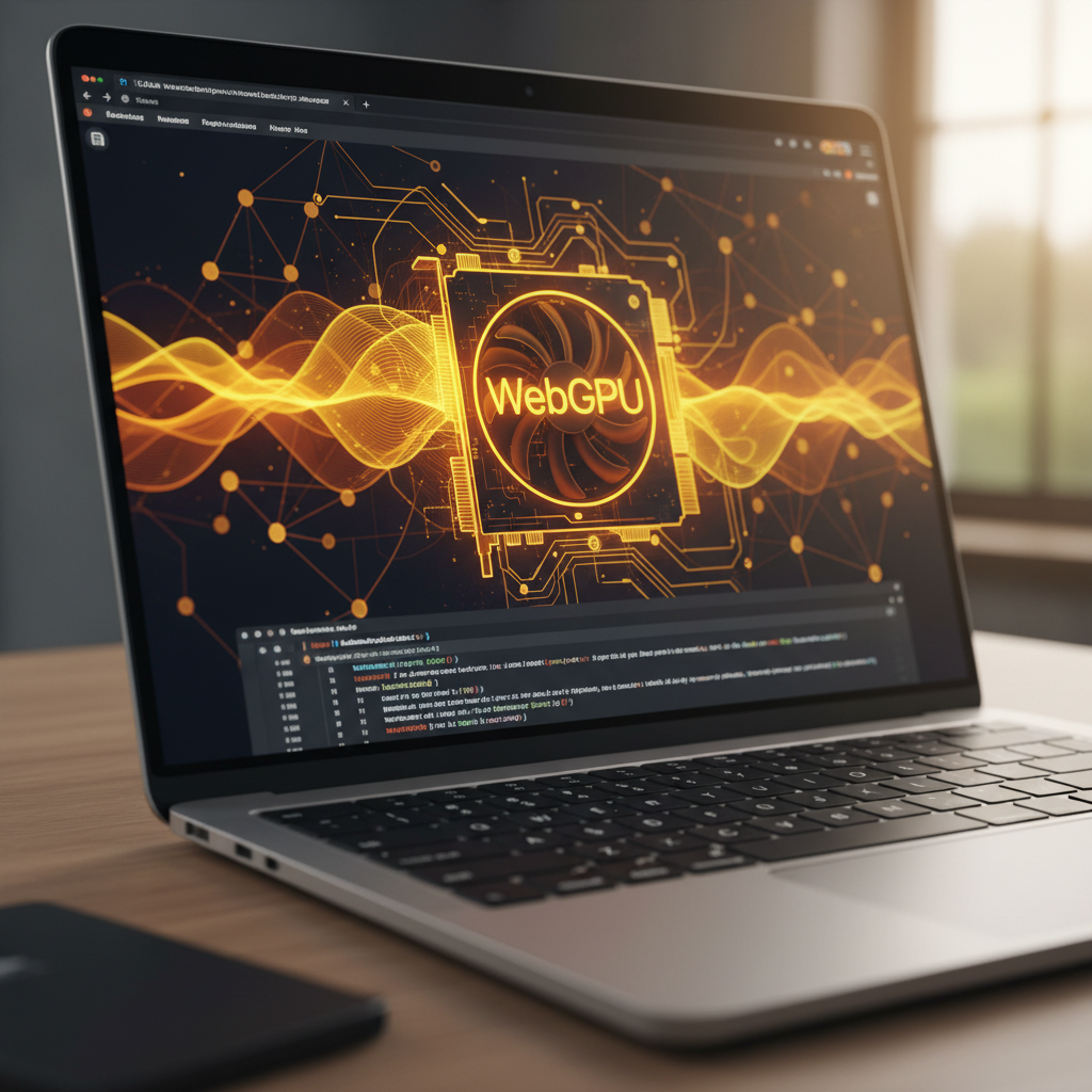 Client-side AI image tools — developer laptop running browser-based AI with WebGPU graphics card visualization in glowing yellow and amber and neural network diagram on screen