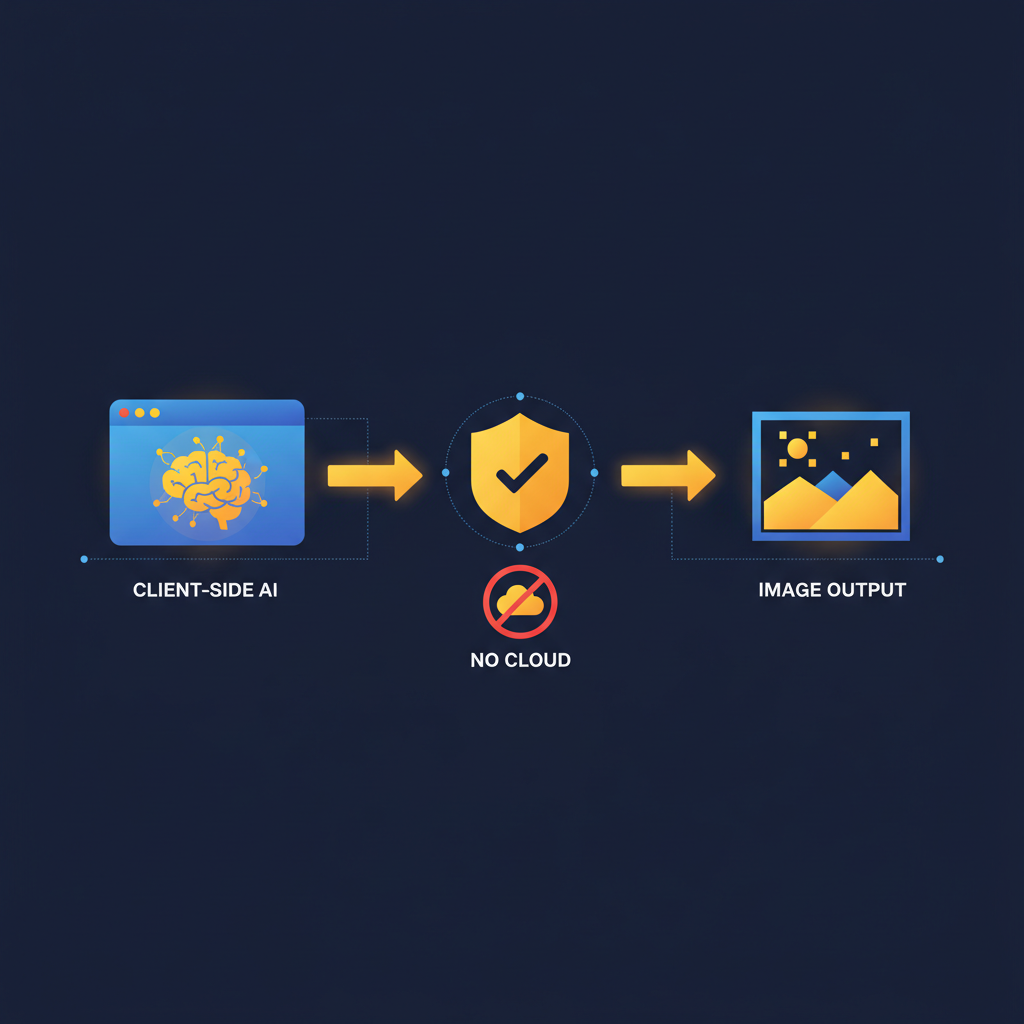 Client-side AI image tools pipeline infographic showing browser-based AI brain connected to image output with privacy shield and no-cloud crossed-out icon on dark navy background
