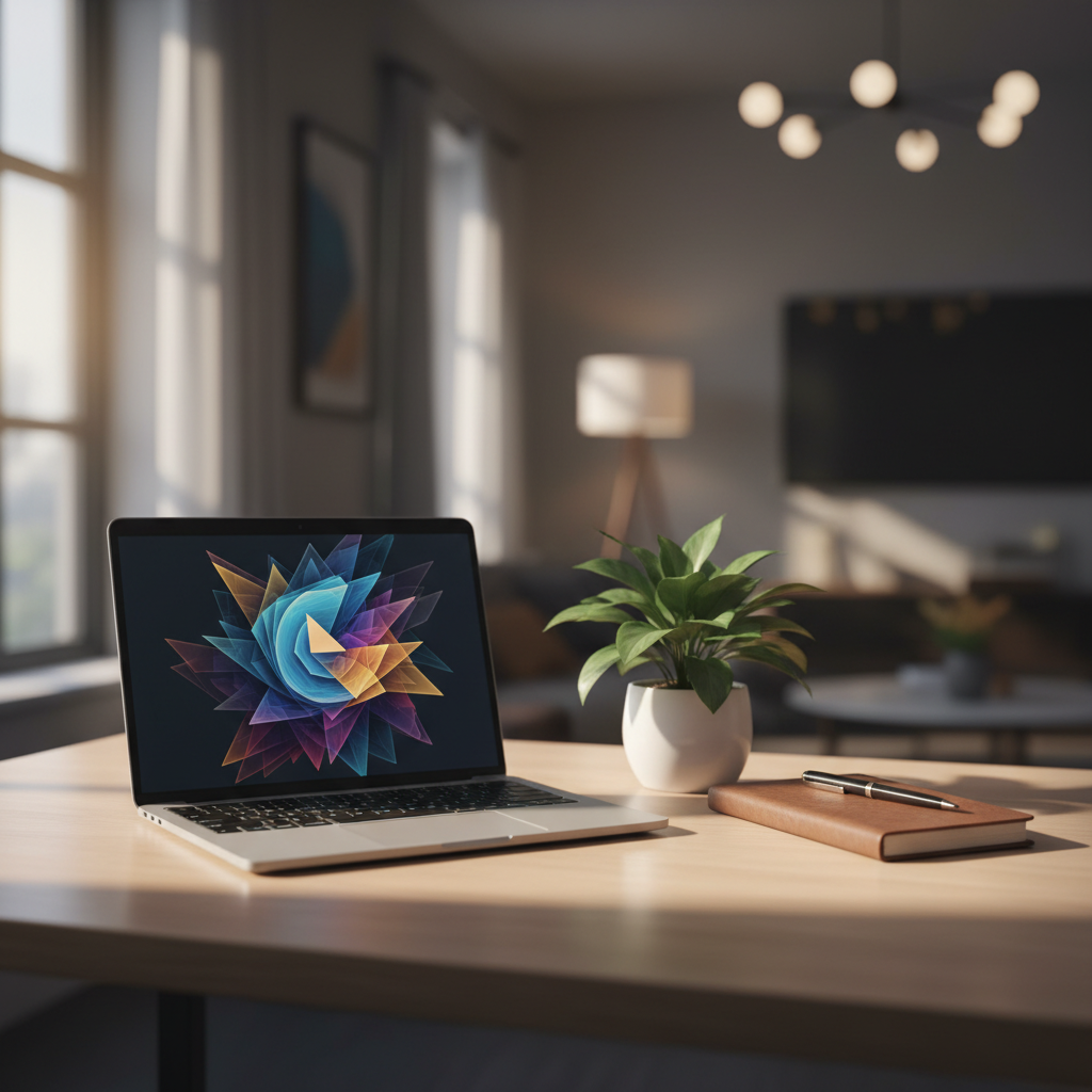 Client-side AI image tools workspace — modern minimalist desk with laptop browser displaying generated AI artwork, soft warm window light and creamy bokeh background