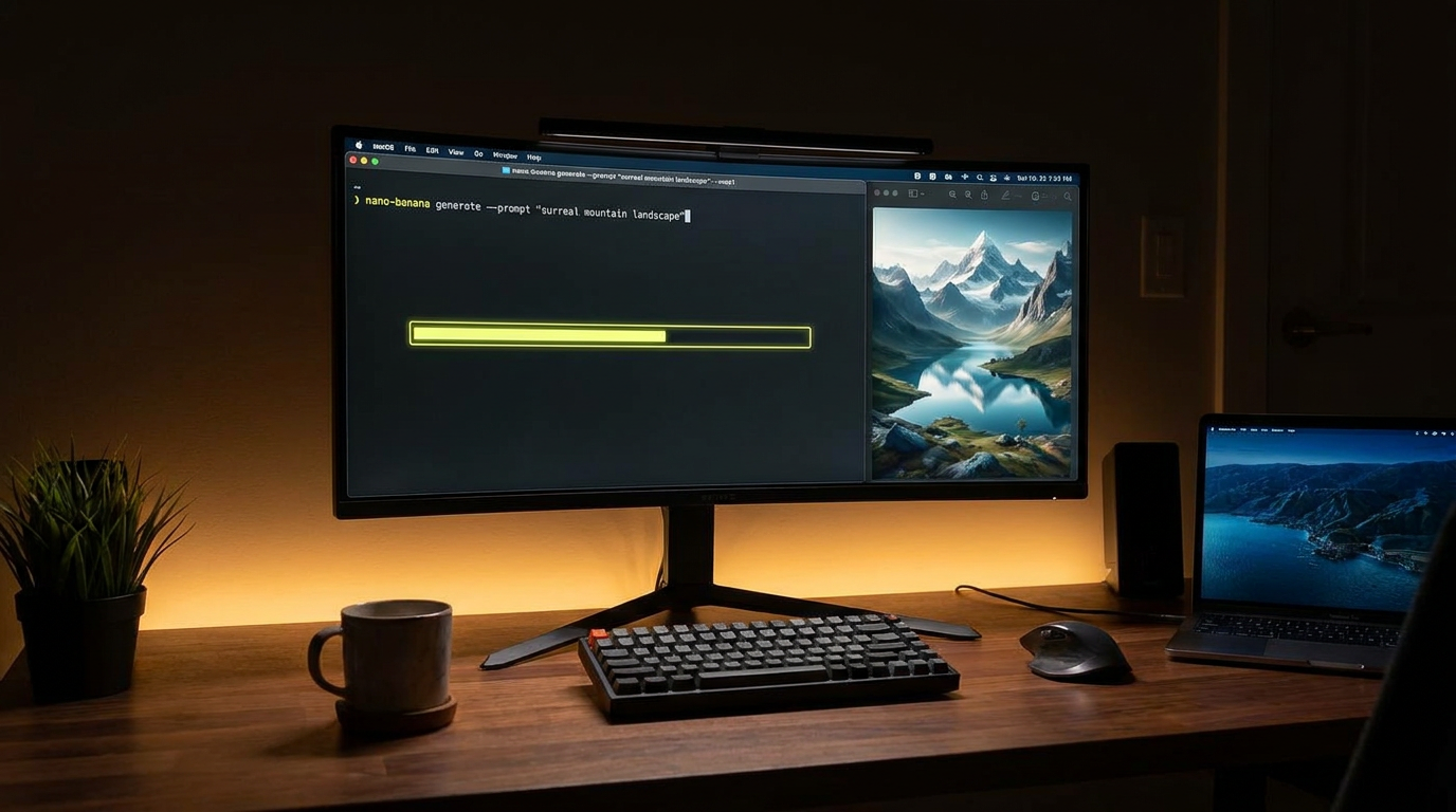 Sleek dark terminal window on a modern macOS desktop running a command-line AI image generator with a streaming progress bar and neon yellow accent text generating a 4K mountain landscape preview