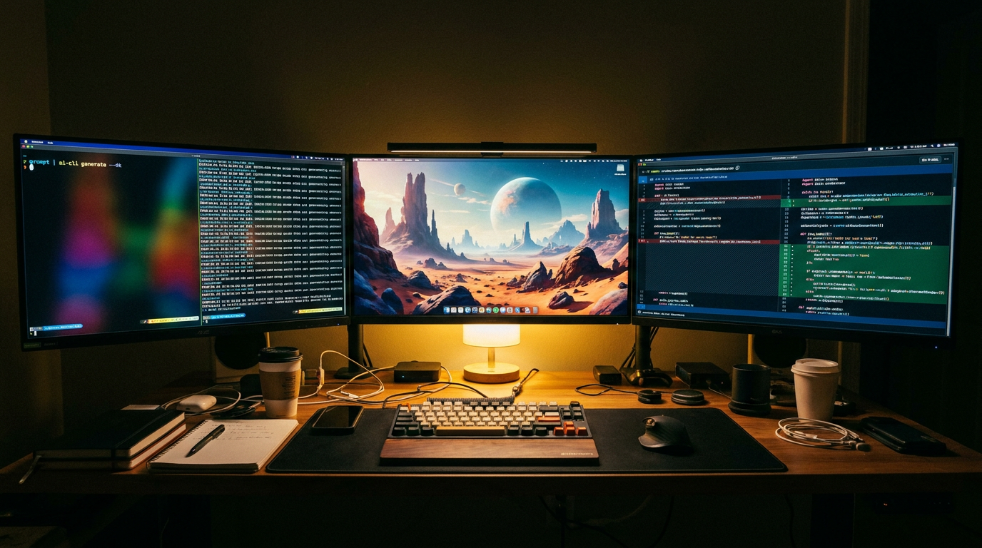 Wide developer workstation with three ultra-wide monitors showing a zsh terminal piping prompts into a CLI AI image tool, the generated 4K AI image, and a Git diff of an automation script under warm desk lighting
