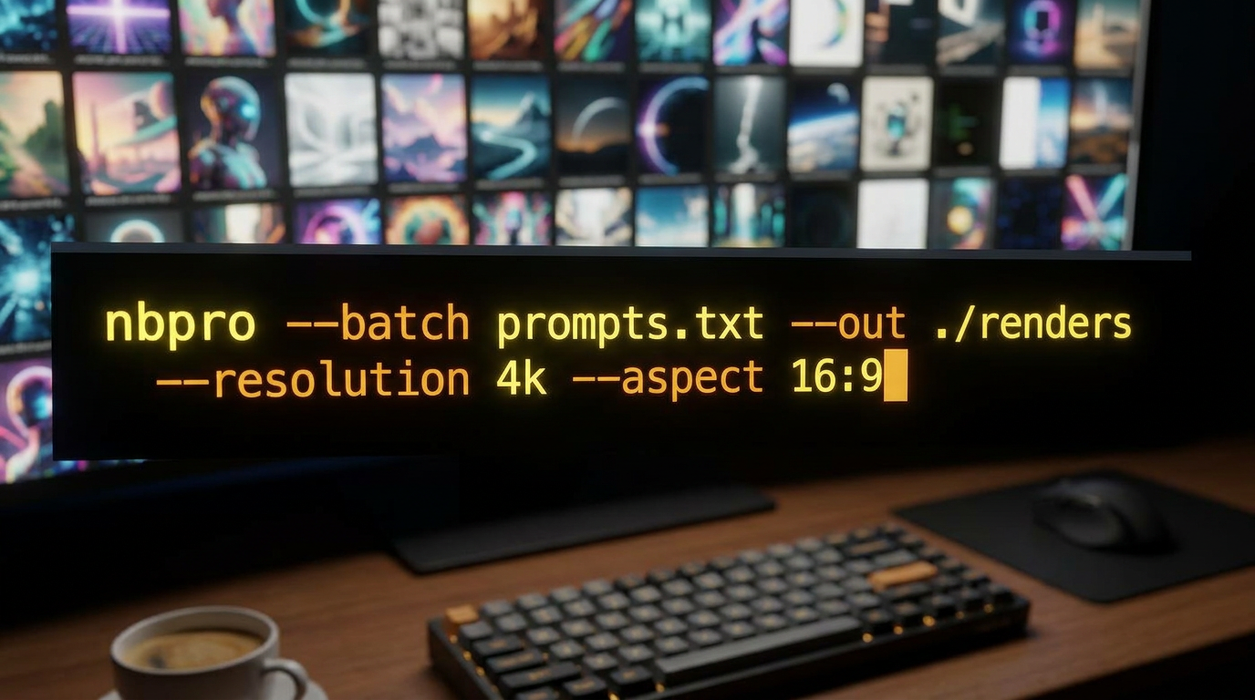 Close-up of a terminal command nbpro --batch prompts.txt --out ./renders --resolution 4k with syntax-highlighted yellow-and-amber theme and AI-generated thumbnails materializing behind it