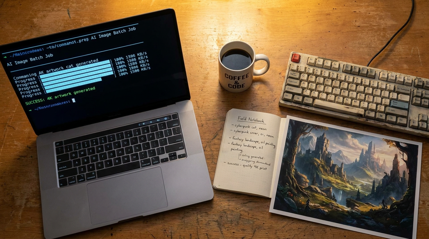 Top-down flat-lay of a coder desk with a glowing terminal running a CLI AI image batch job alongside a mechanical keyboard, coffee mug, prompt notebook, and a printed 4K AI artwork output