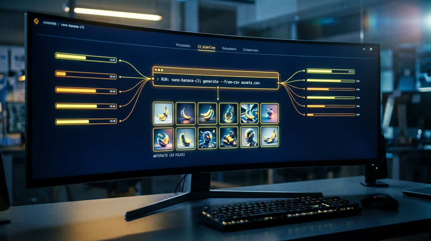 Cinematic shot of a CI pipeline on a curved monitor running an automated GitHub Actions step nano-banana-cli generate --from-csv assets.csv producing twelve AI images as build artifacts in neon yellow on dark navy