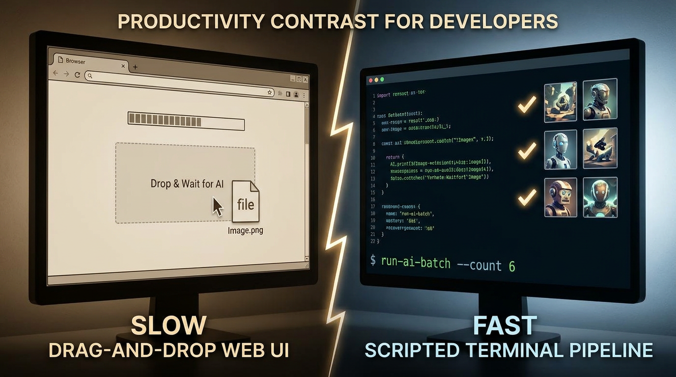 Split-screen comparison showing a slow drag-and-drop web UI versus a fast scripted command-line pipeline rendering six AI images in parallel with golden checkmarks for developer productivity