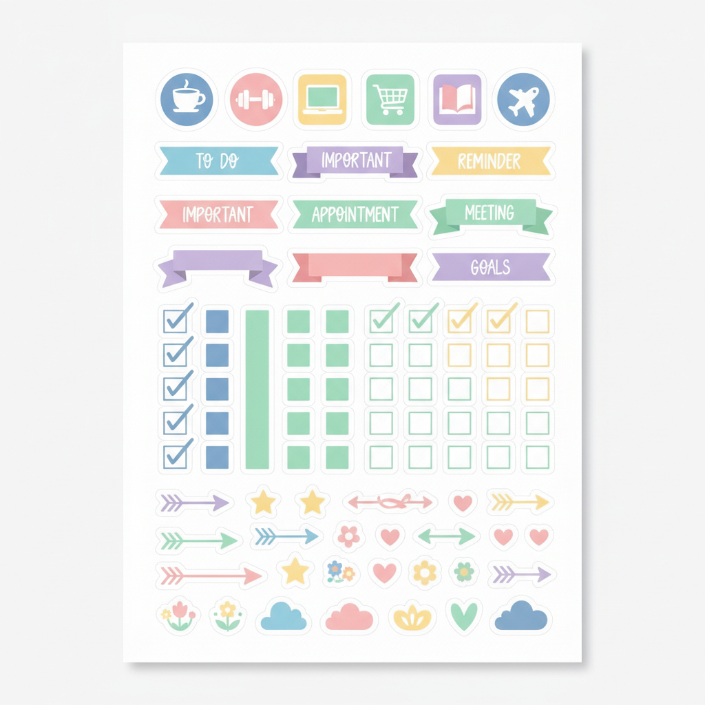 Printable planner sticker sheet with colorful icons, banners and checkboxes, die-cut white outline, Cricut-ready