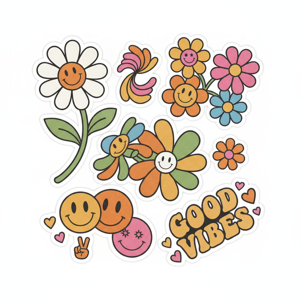 Set of trendy retro groovy flower and smiley stickers with thick white die-cut borders, 70s color palette