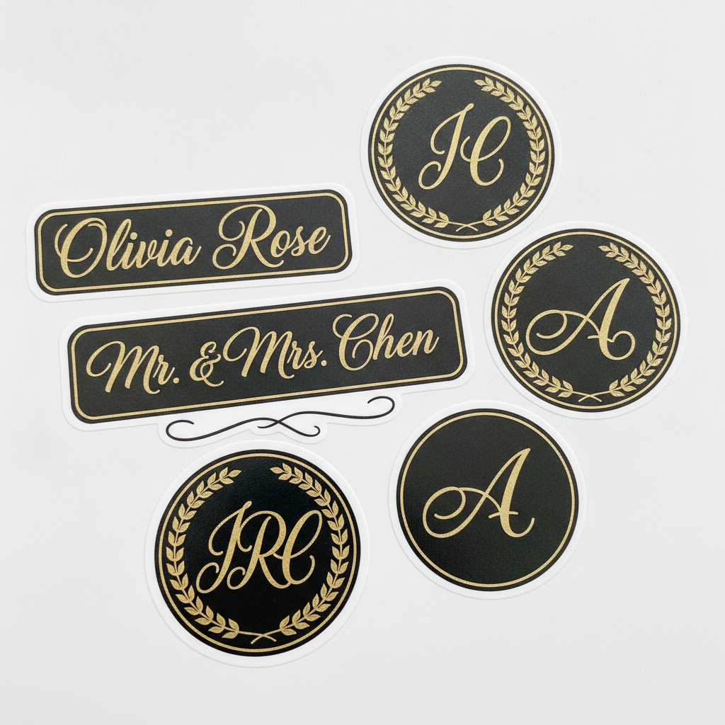 Custom name label and monogram decal stickers in elegant gold and black script, die-cut vinyl with white border