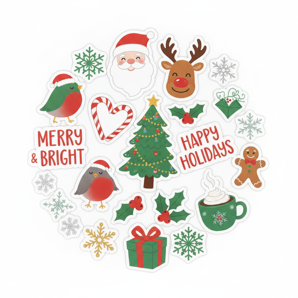 Cute holiday sticker pack with Christmas icons, snowflakes and gift shapes, glossy die-cut vinyl with white outline