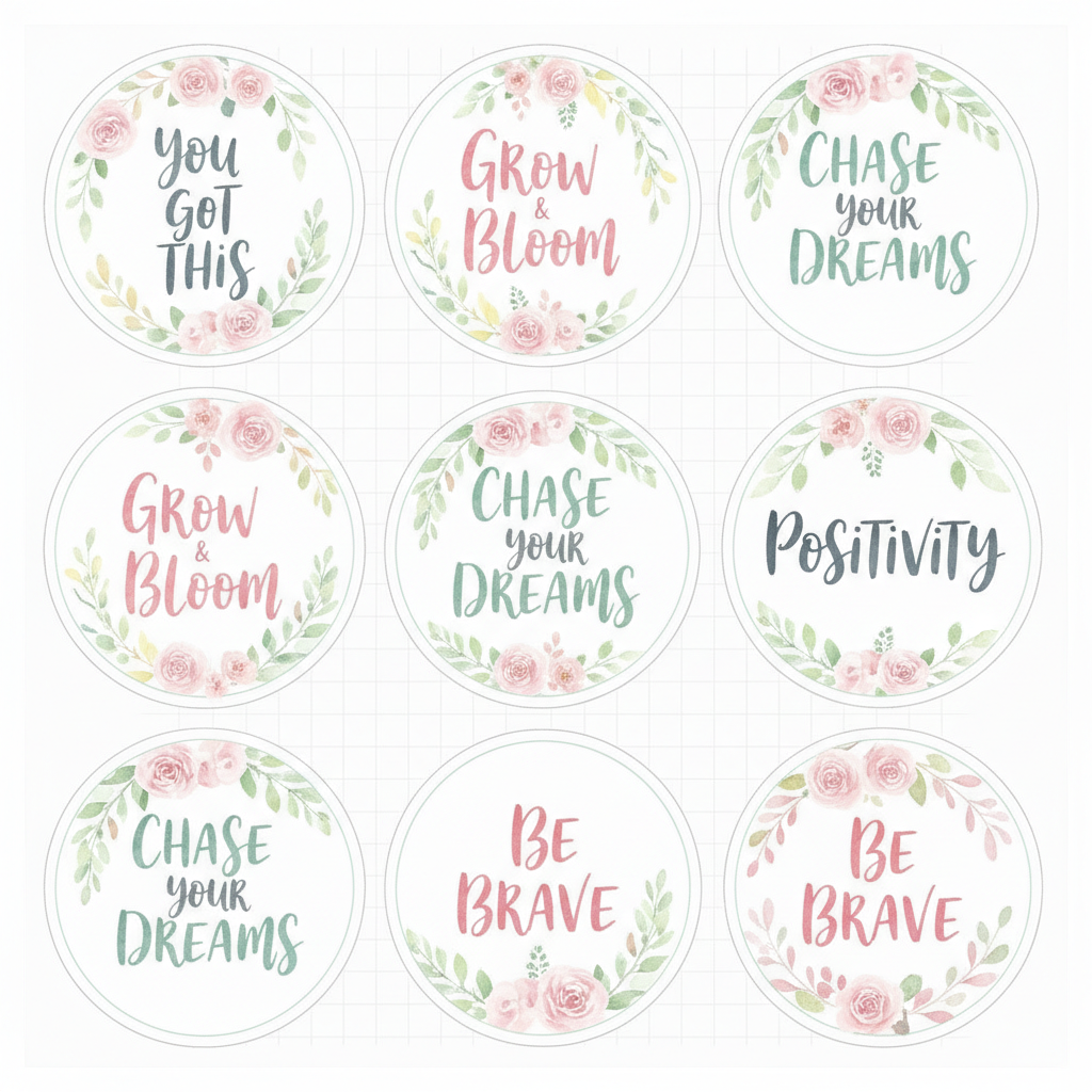 Motivational quote stickers with hand-lettered typography and floral accents in pastel watercolor, die-cut white border