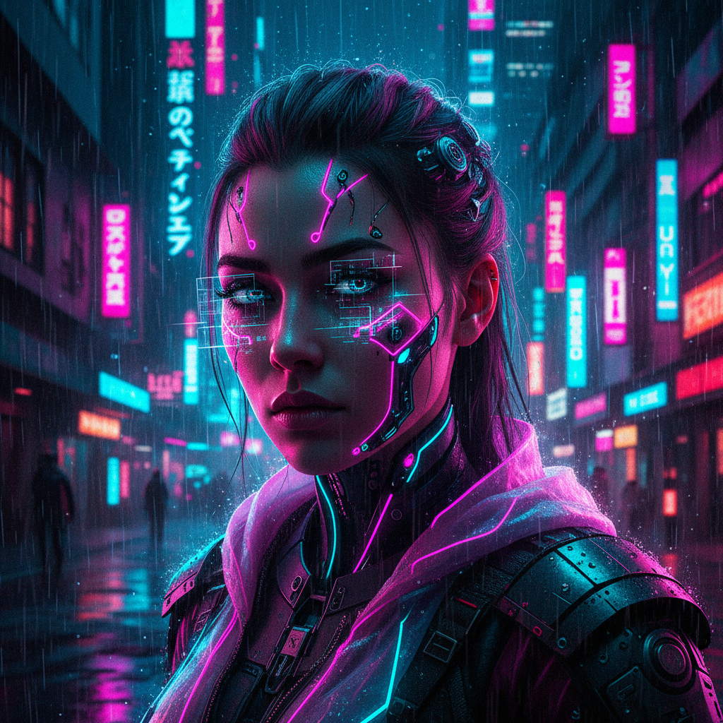 Cyberpunk AI art style portrait of a futuristic woman with cybernetic implants, glowing neon circuits, and rain-soaked Tokyo neon background