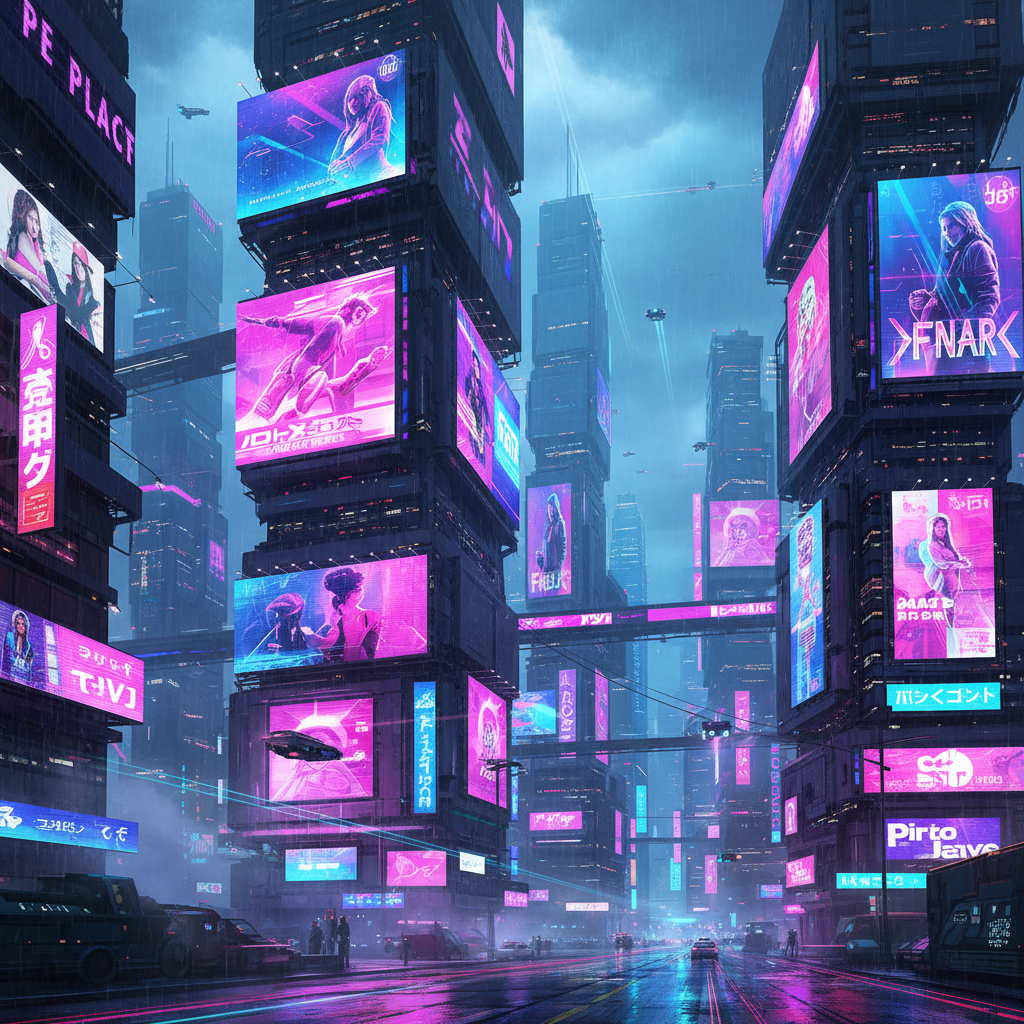 Cyberpunk AI art style neon-soaked megacity skyline with towering skyscrapers, holographic billboards, and pink and electric blue lighting