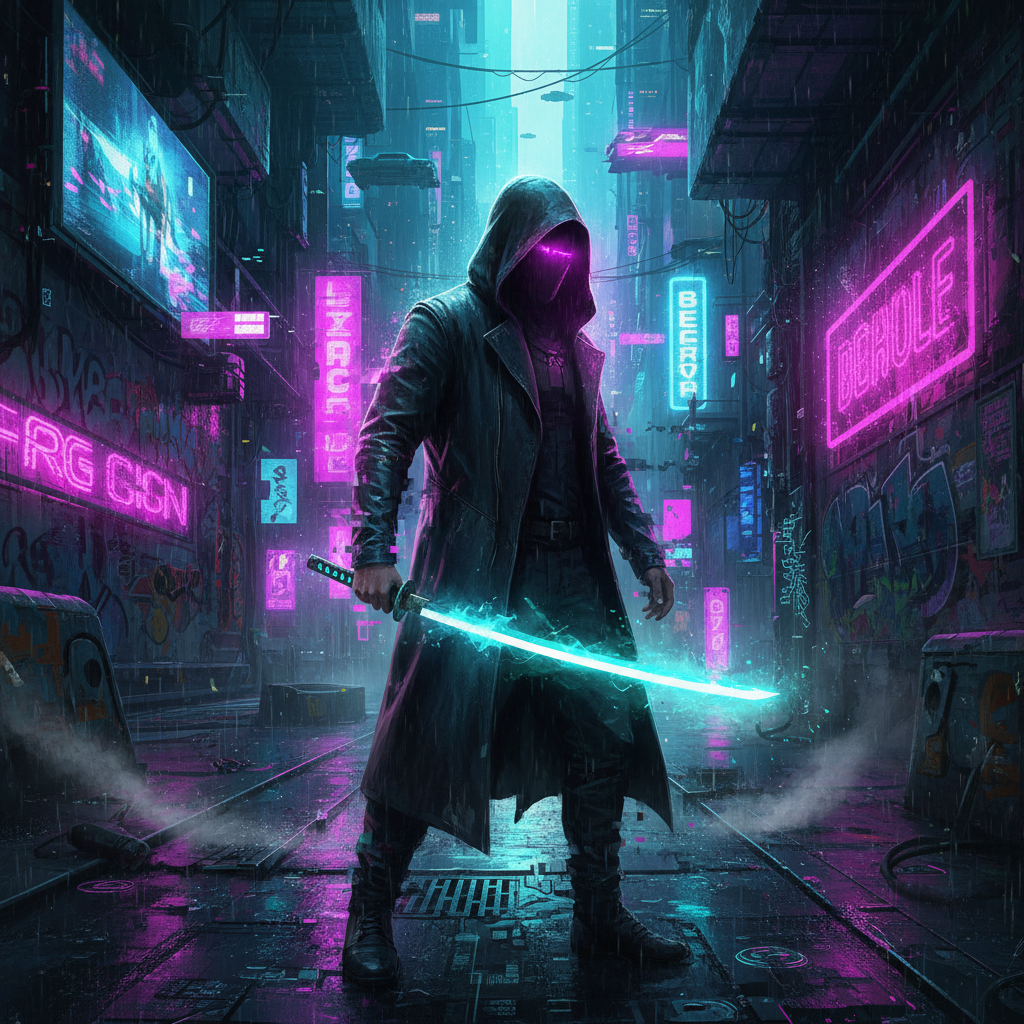 Cyberpunk AI art style hooded street samurai with glowing katana standing in a magenta and teal neon-lit alleyway