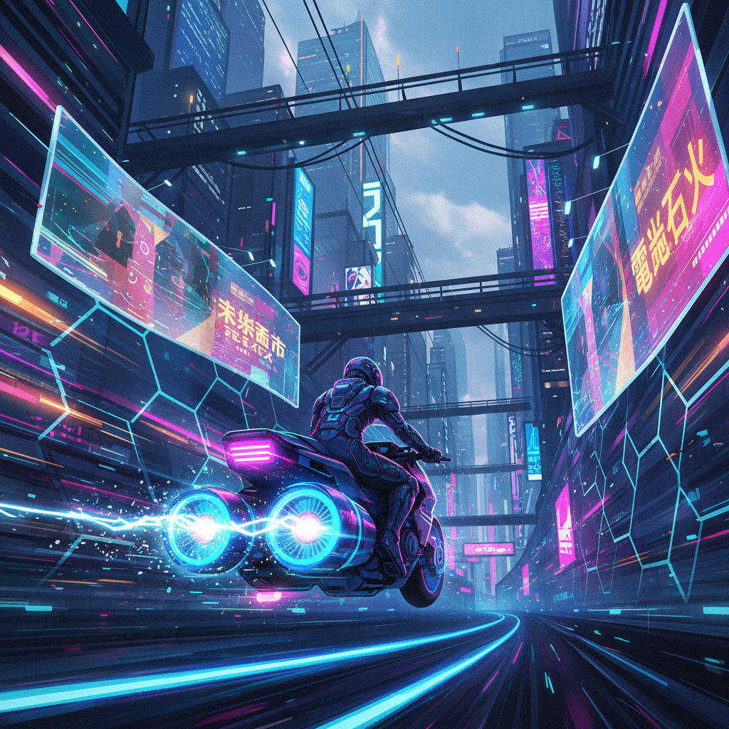 Cyberpunk AI art style flying neon motorcycle racing through a futuristic megacity tunnel with light trails and holographic signage