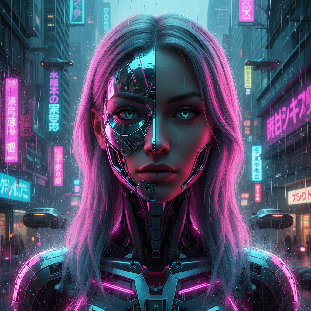 Cyberpunk AI art style cybernetic android woman with half-mechanical face, glowing circuits, and neon pink and cyan rim lighting