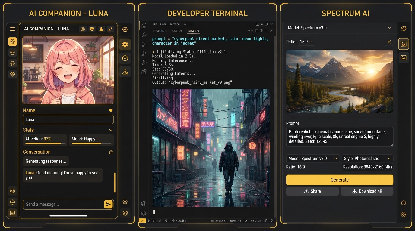Darlink AI vs Qwen AI three-way comparison hero — left an AI companion character app generating a stylized avatar, center an open-source model demo rendering from code, right a dedicated 4K AI art generator producing a photorealistic scene from a text prompt, dark theme yellow accents