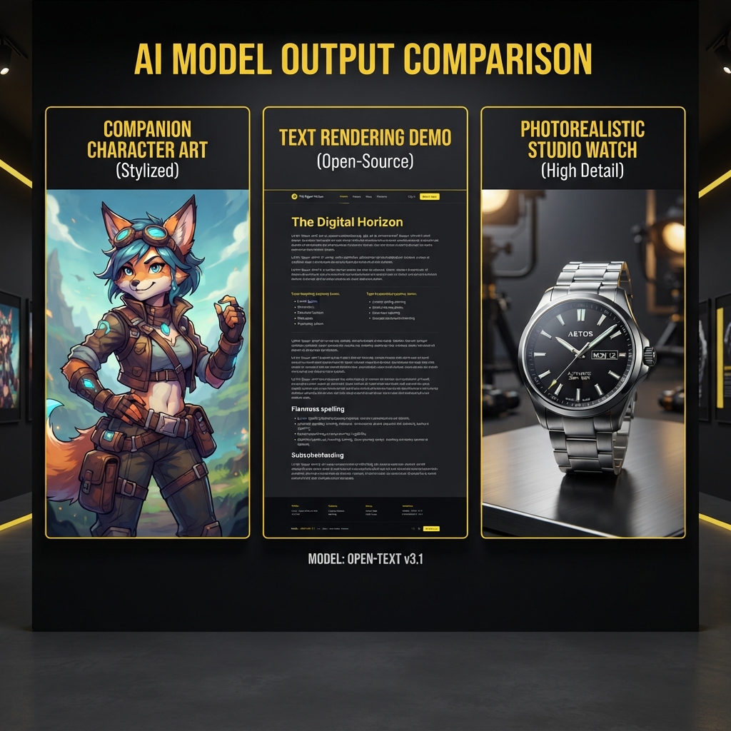 Darlink AI vs Qwen AI image quality comparison — a companion-app character portrait, an open-source text-rendering demo with crisp typography, and a 4K photorealistic studio product photo of a wristwatch with a readable label, dark theme