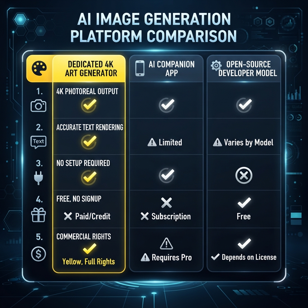 Darlink AI vs Qwen AI feature comparison infographic — a dark UI table comparing a dedicated 4K art generator, an AI companion app, and an open-source developer model across 4K output, text rendering, no setup, free no signup, and commercial rights with yellow checkmarks