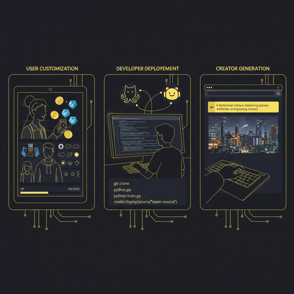 Darlink AI vs Qwen AI workflow contrast — left a user customizing an AI companion avatar with coins, center a developer deploying an open-source image model with GitHub and HuggingFace, right a creator typing one prompt into a browser art generator for an instant 4K banner