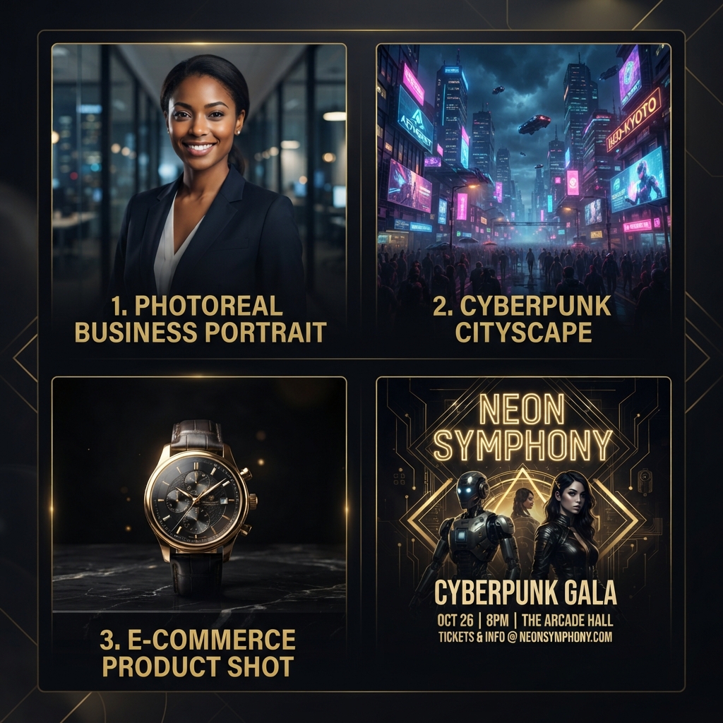 Darlink AI vs Qwen AI use-case showcase — a grid of dedicated AI art generator output including a photoreal business portrait, a cyberpunk city, an ecommerce product shot, and an event poster with readable text, professional 4K quality dark theme