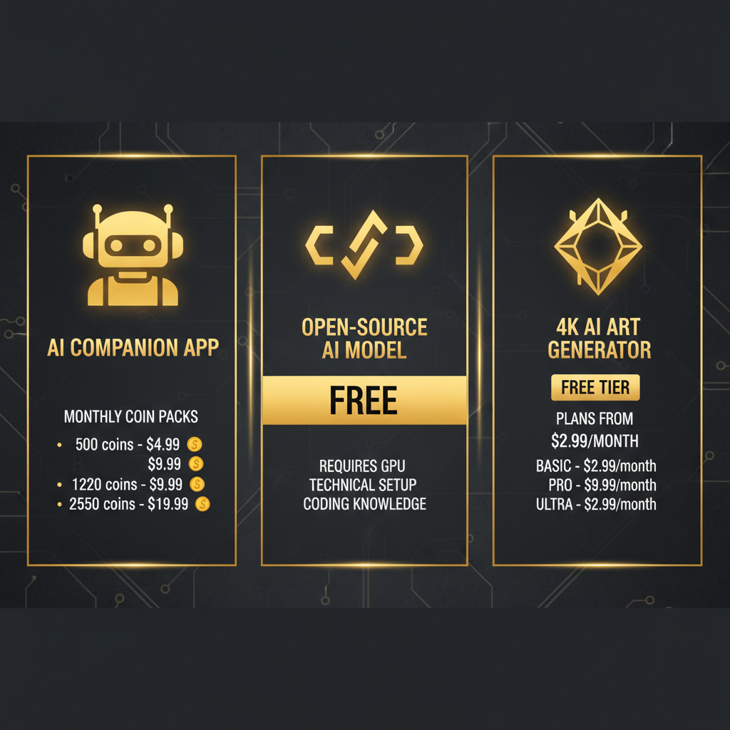 Darlink AI vs Qwen AI pricing comparison infographic — an AI companion app with monthly coin packs, an open-source model that is free but needs GPU setup, and a dedicated 4K AI art generator with a free tier and plans from 2.99 dollars per month, gold and dark theme