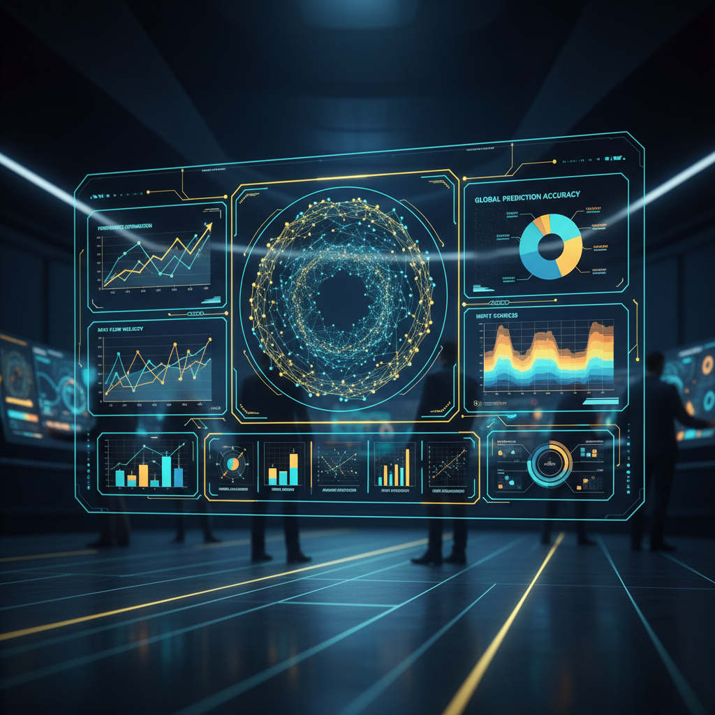 Data-driven AI image generator concept showing a glowing line chart morphing into an abstract painterly landscape with amber and teal data nodes on a dark navy background