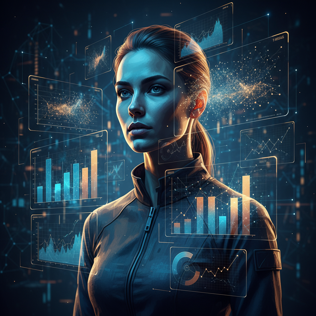 Data-driven AI image generator infographic poster with bold typography, sharp bar charts, donut graphs, and trend lines in a gold and indigo editorial layout