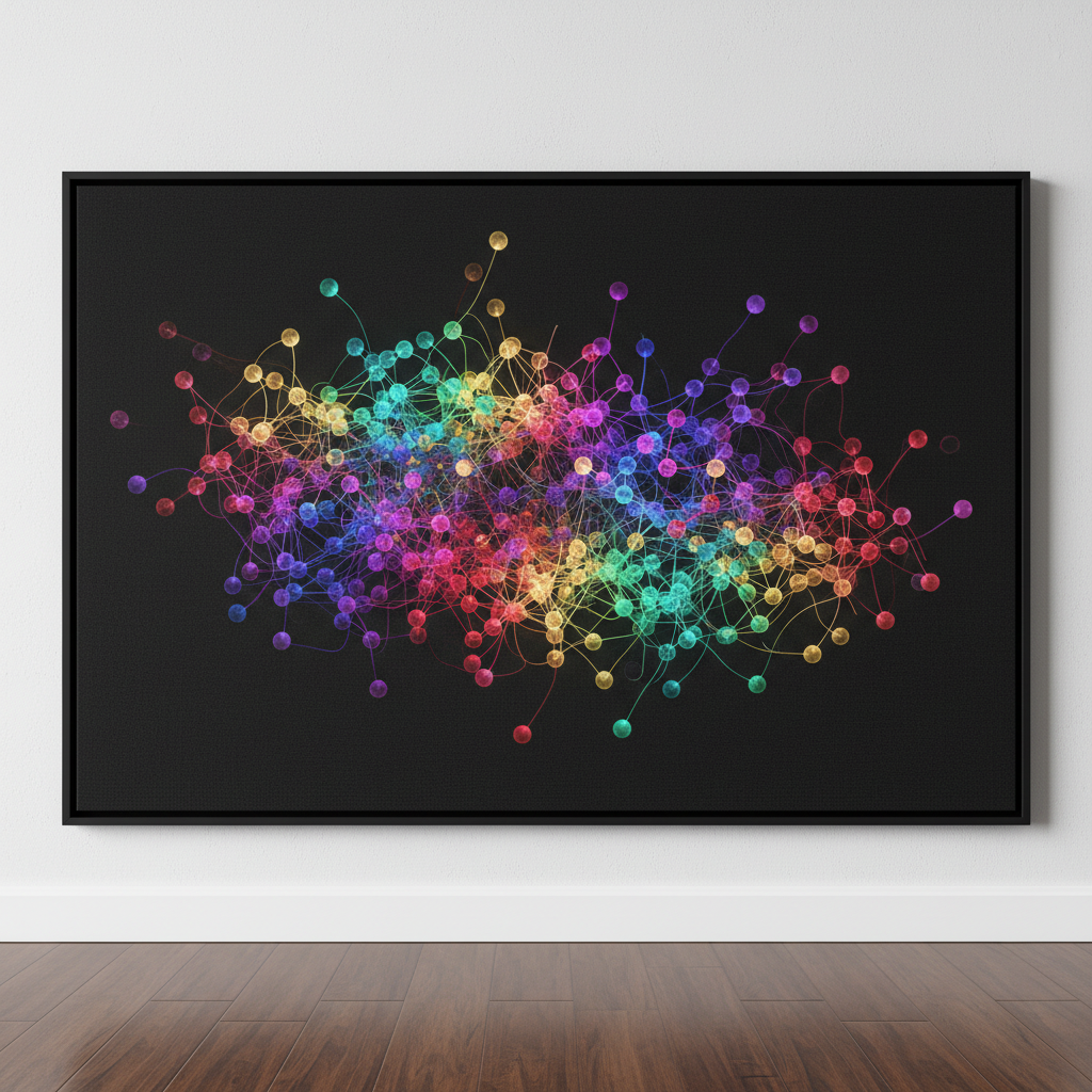 Data-driven AI image generator neural network visualization with luminous data nodes morphing into AI-generated artworks across a dark cosmic space
