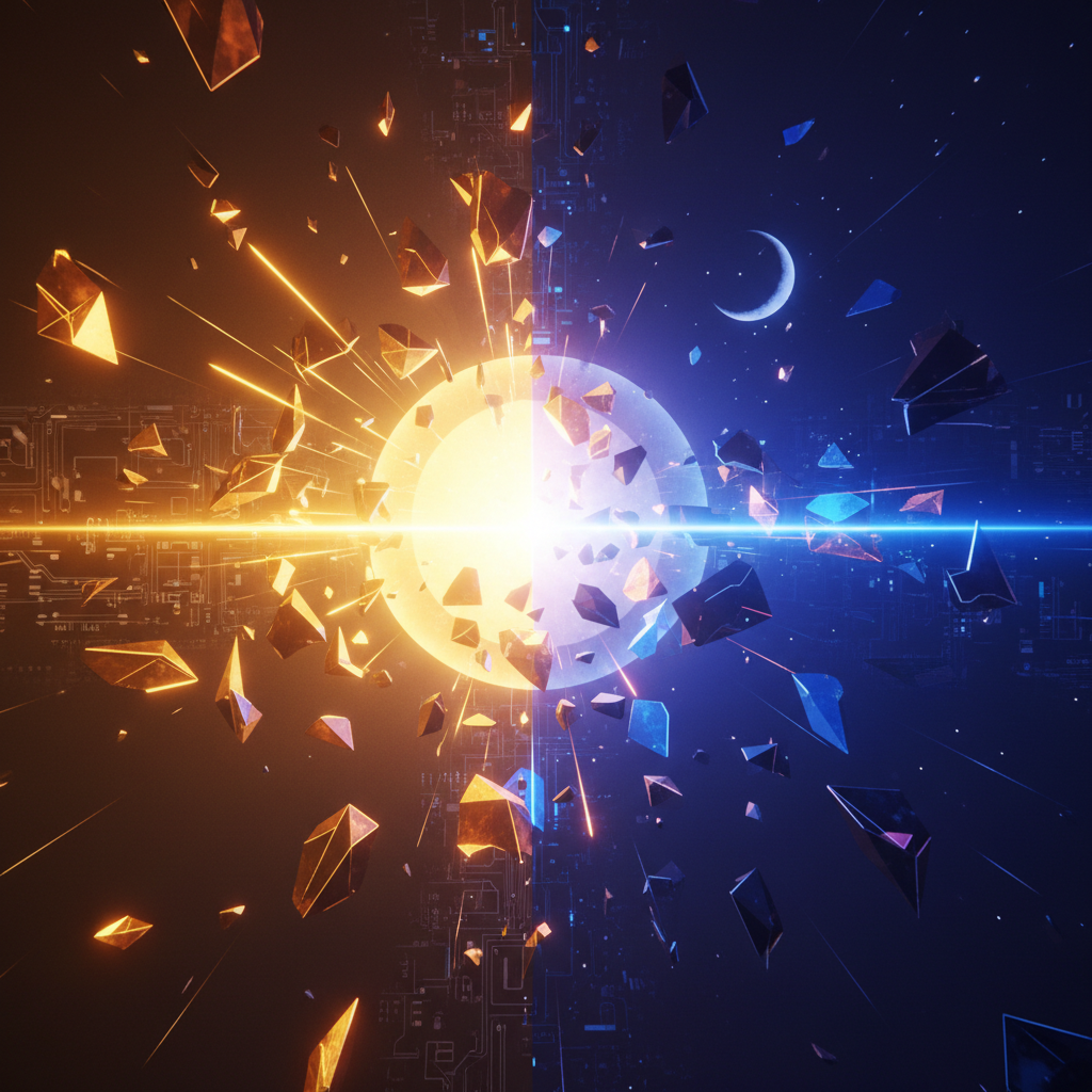Equinox 31b art style abstract dual-light composition splitting warm golden sunrise on the left and deep cool indigo twilight on the right, glowing horizon seam, geometric shards floating around, ultra-modern futuristic generative ai art