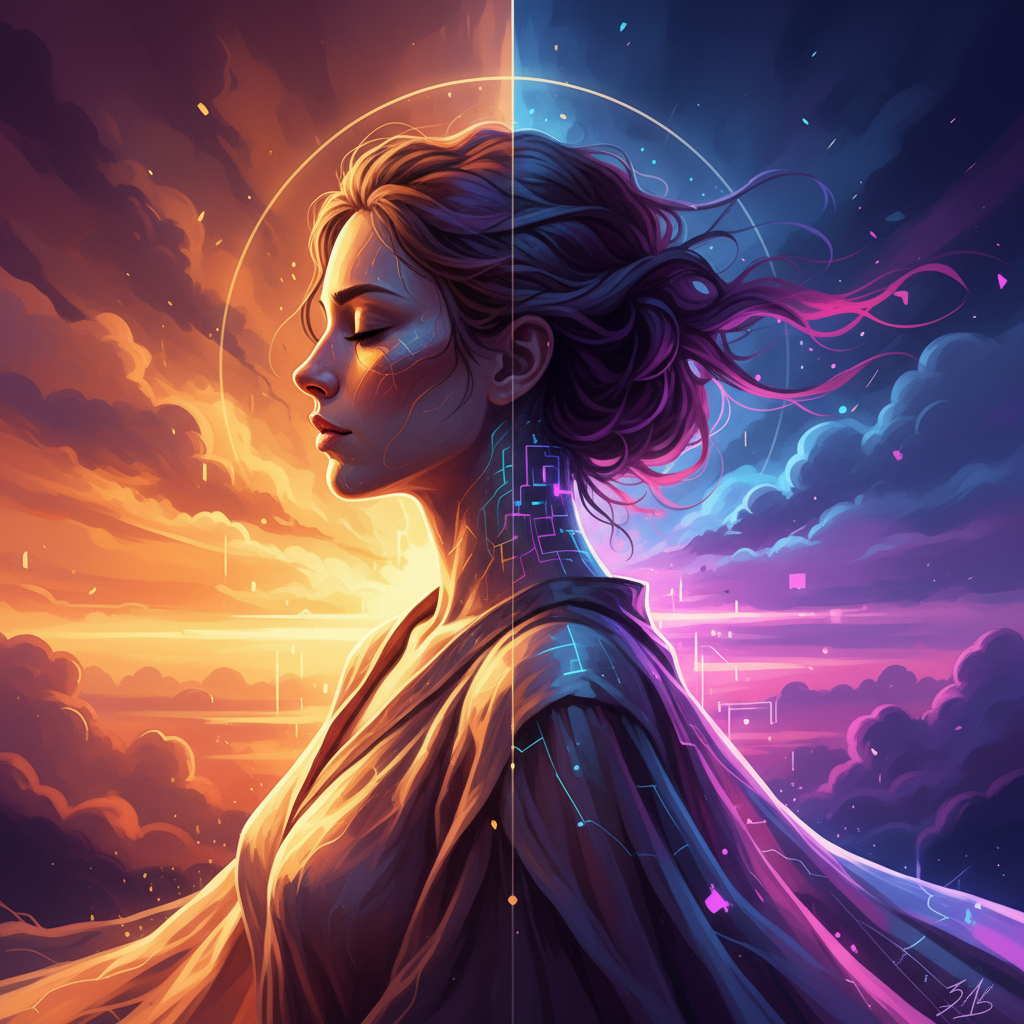 Equinox 31b art style portrait of a serene figure in profile against a balanced day-night gradient sky, half face lit by warm amber sunrise and half lit by cool electric violet dusk, contemporary digital fine art
