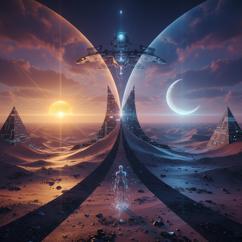 Equinox 31b art style surreal desert landscape at the twilight equinox moment with two opposing horizons merging, glowing sun and crescent moon on opposite sides, sand dunes casting symmetrical reflective shadows, dreamlike sci-fi atmosphere