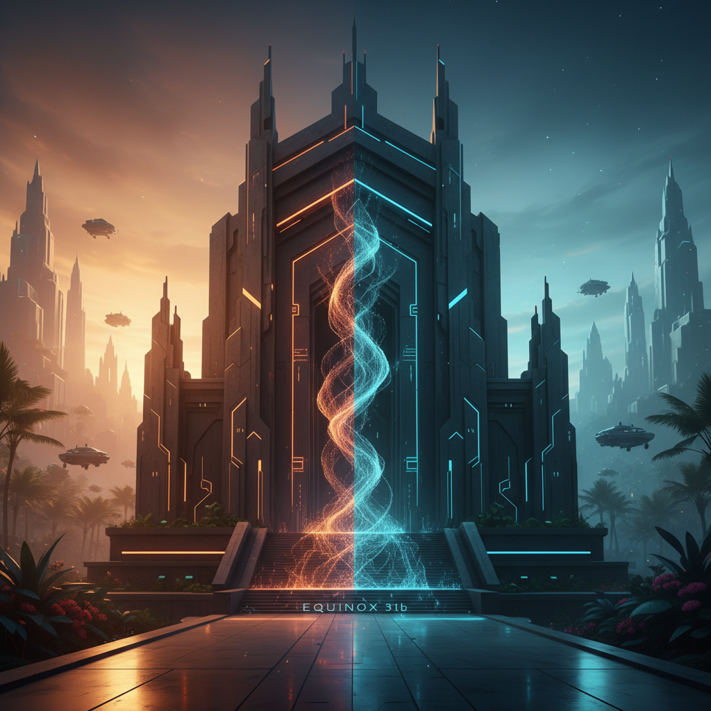 Equinox 31b art style geometric futuristic temple architecture with mirrored symmetry, half the structure bathed in warm orange equinox sunrise light and half in cool teal moonlight, glowing data lines tracing the seam, vibrant utopia
