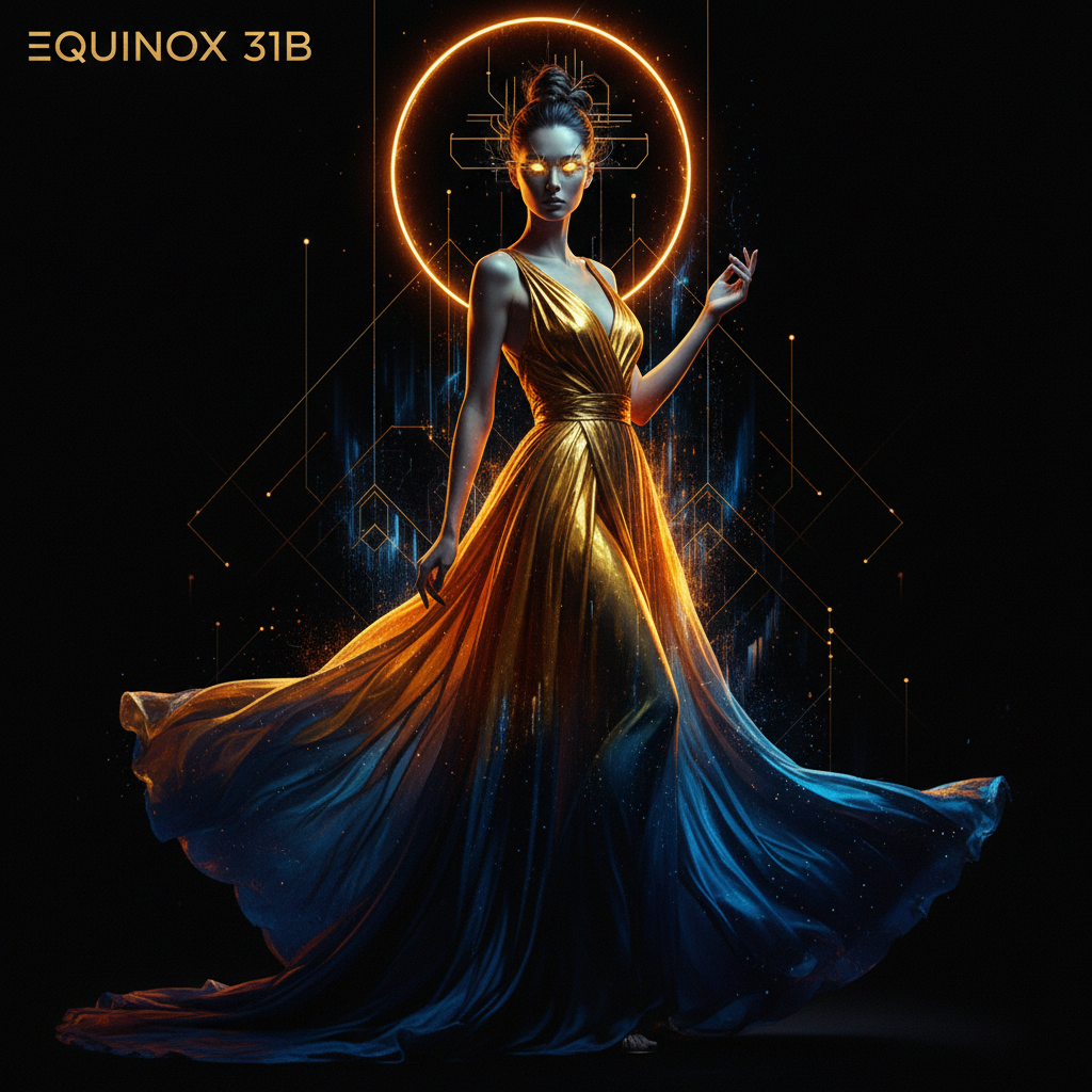 Equinox 31b art style fashion editorial of a model wearing a dual-tone gown fading from molten gold to deep cobalt blue, dramatic side-lit equinox rim lighting against a black void backdrop, hyper-stylized portrait