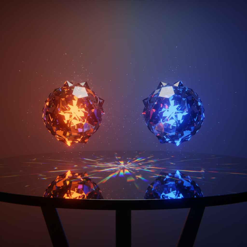 Equinox 31b art style still life of two opposing crystalline orbs, one glowing warm amber and one cool sapphire blue, floating above a polished obsidian table reflecting symmetric prism light, surreal editorial product art