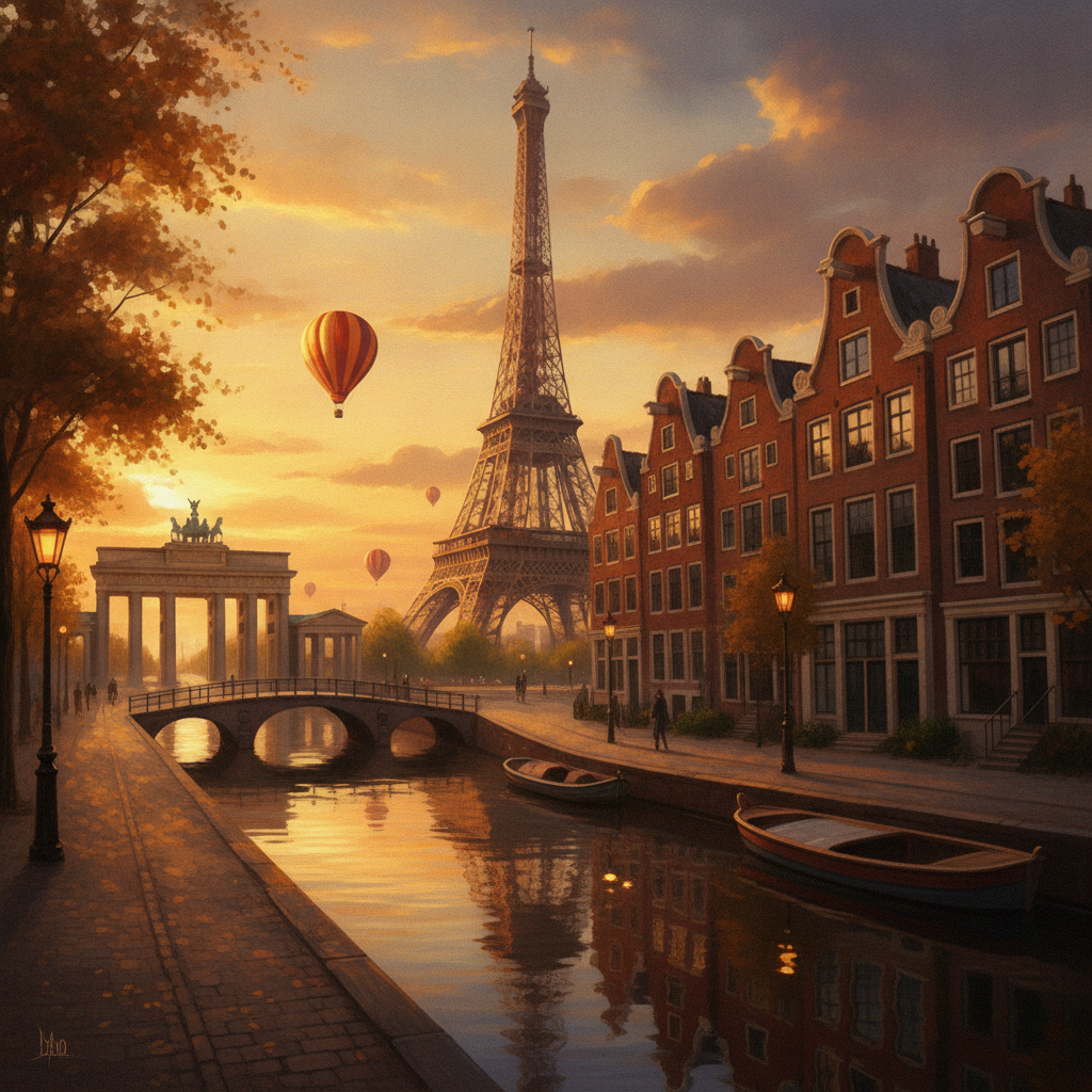 EU-based AI art solutions creating a digital painting of a European cityscape blending Paris, Amsterdam, and Berlin landmarks at golden hour