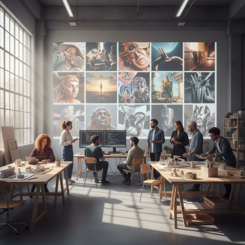 A diverse group of European artists and creative professionals collaborating in a modern studio with AI-generated art on screen