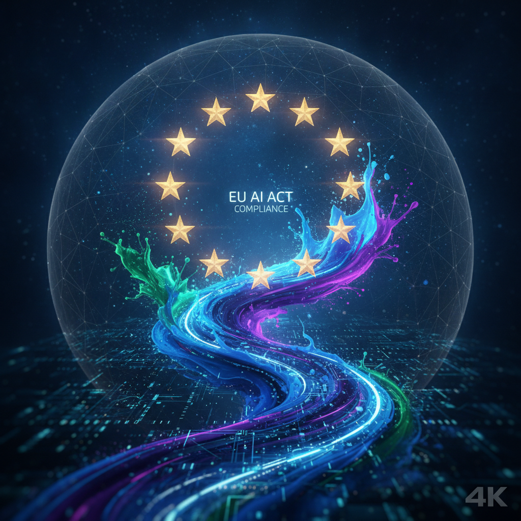 Abstract artwork symbolizing EU AI regulations and AI art compliance with a circle of twelve golden stars over flowing creative paint