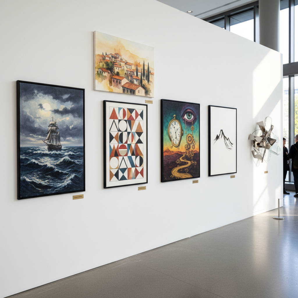 Gallery wall of six diverse AI-generated artworks in photorealistic, oil painting, watercolor, geometric, surreal, and minimalist styles in a European art gallery