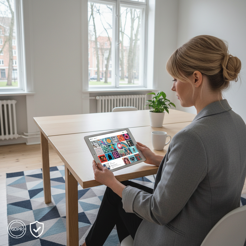 A creative professional in a Scandinavian-style office reviewing AI art on a tablet with EU compliance and GDPR icons on screen