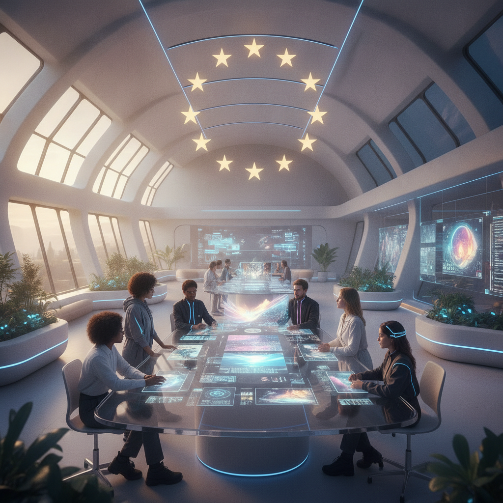 Futuristic European creative hub with a holographic AI art generation interface and a soft gold twelve-star EU motif